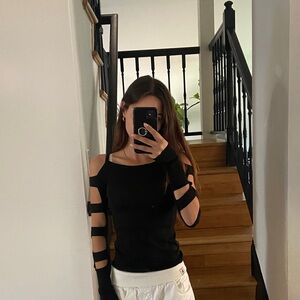 Say What? Black Cold-Shoulder Cutout Long Sleeve Top